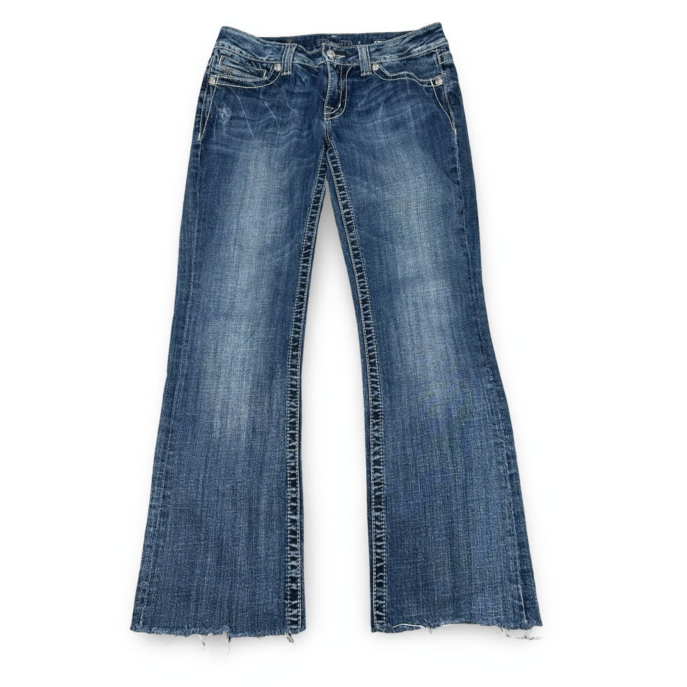 Miss Me Bootcut Jeans Womens 29 Blue Denim Medium Wash Frayed Hem‎ Crosses Boot